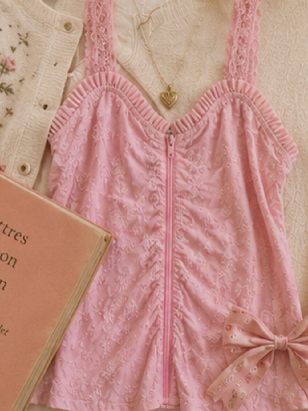 Vintage Rayure Paris Pink Textured Camisole Made in France Y2K Coquette Top - Picture 2 of 8